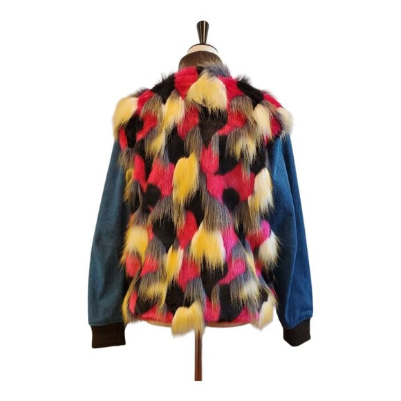 GUESS LA SZ S Women's Multi-color Faux-Fur & Denim Zip Front Bomber Jacket - Picture 8 of 12